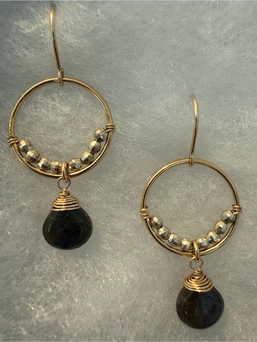 NEW - Chan Luu Pyrite Beaded Hoop Drop Earrings with Labradorite Charm